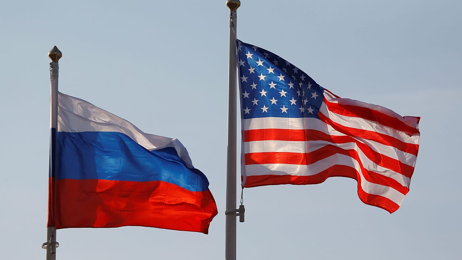 National flags of Russia and the U.S. fly at Vnukovo International Airport 
