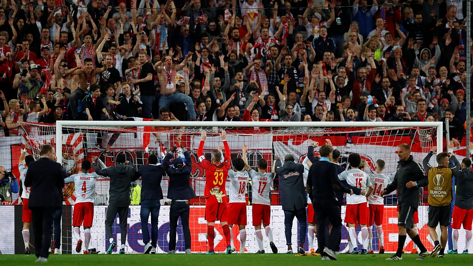 RB Salzburg players salute their fans after the match v Lazio