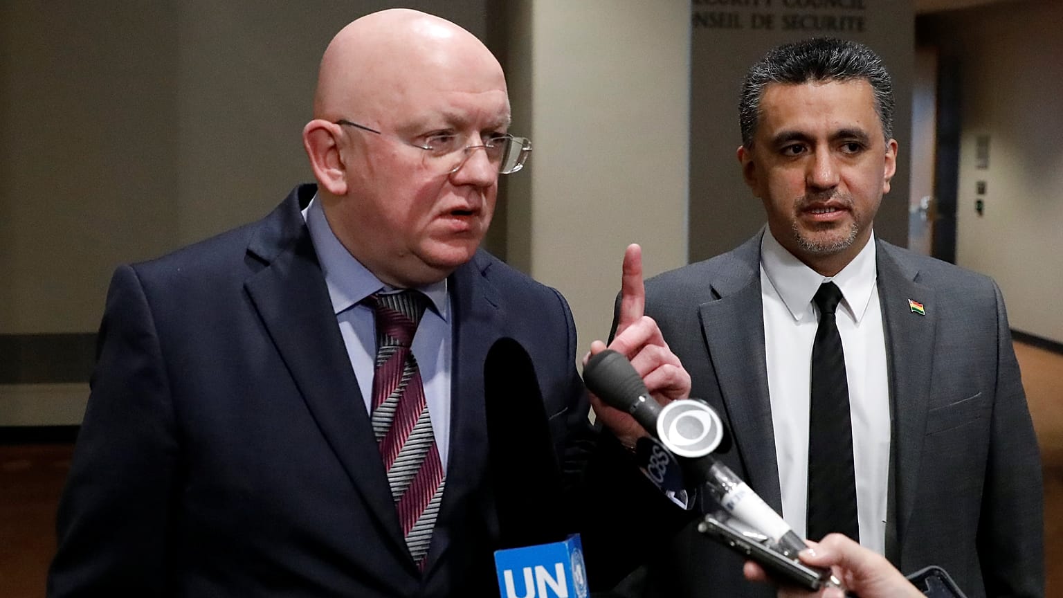Russia's UN ambassador Vassily Nebenzia addresses reporters