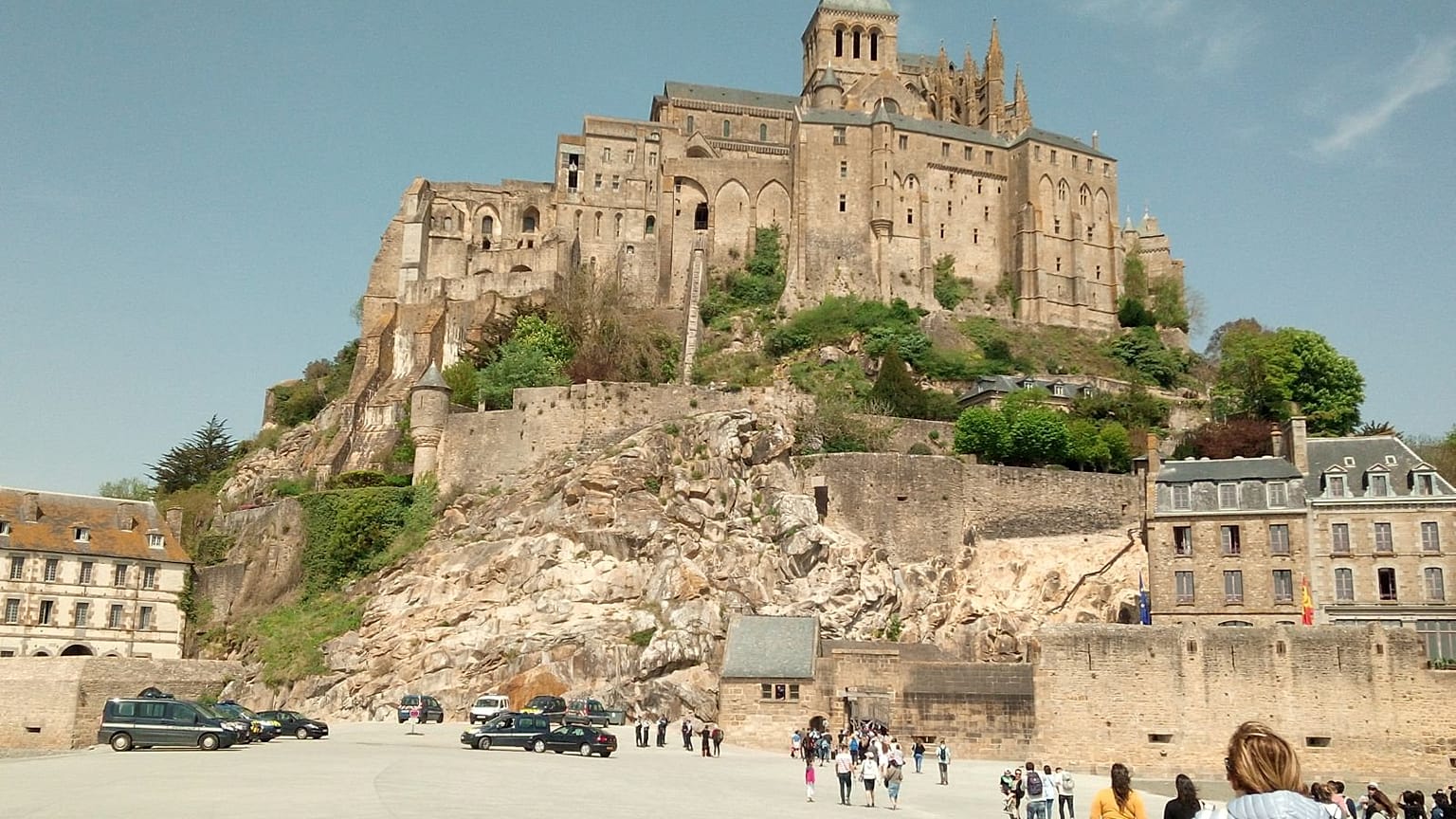 Security cars are seen in Mont Saint-Michel