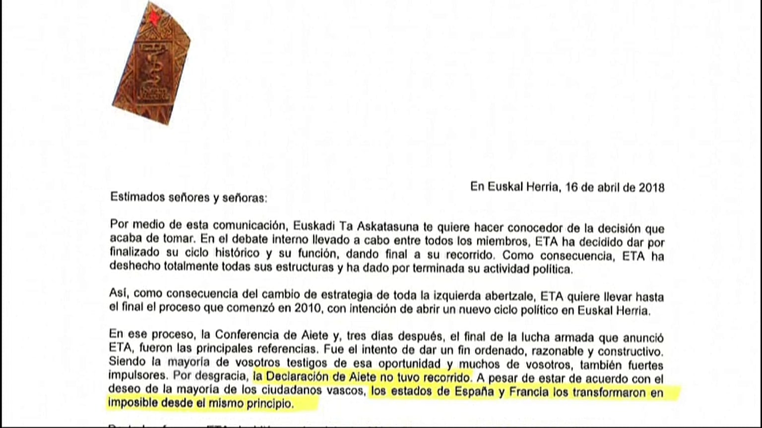 Carta completa de ETA anunciando su fin