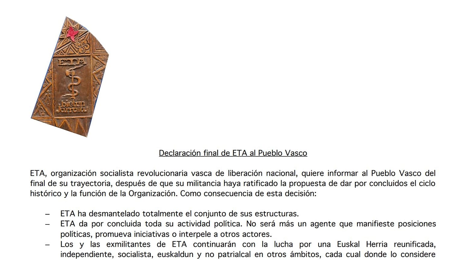 Declaración final de ETA completa
