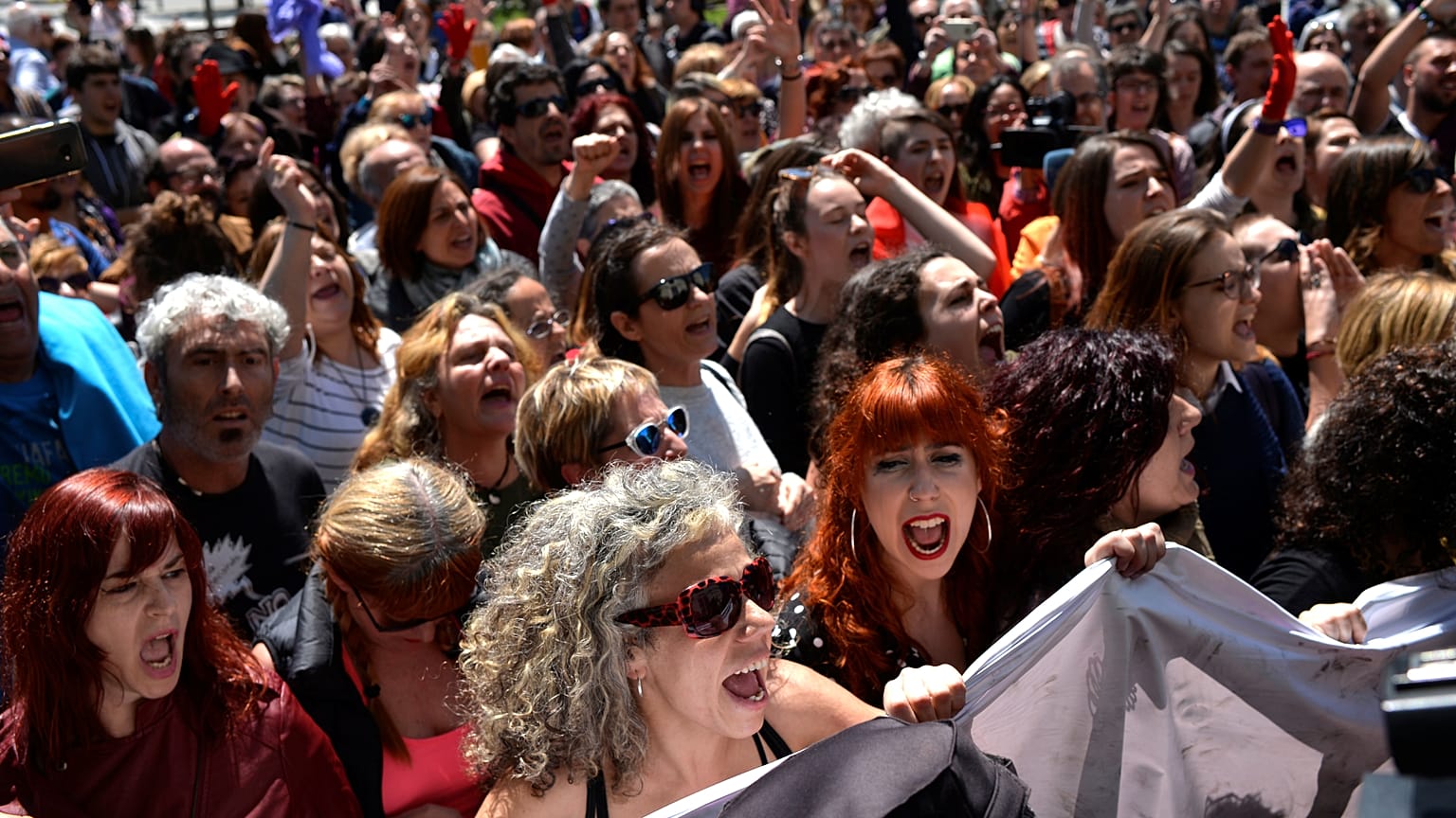 Protesters decry verdict in Pamplona's Wolf Pack case.