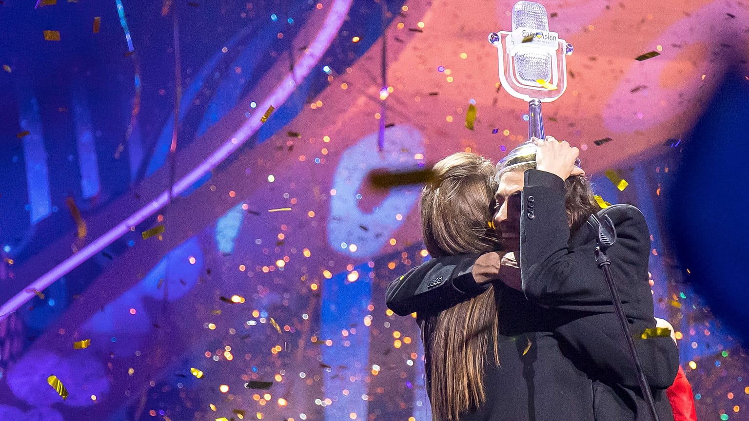 Salvador Sobral gets the trophy in the 2017 Eurovision