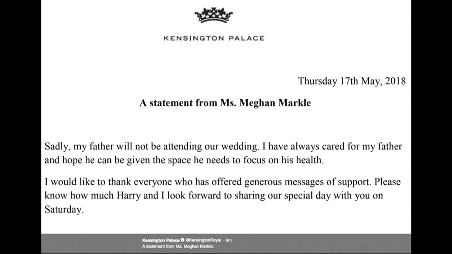 Meghan's father will not be at her wedding