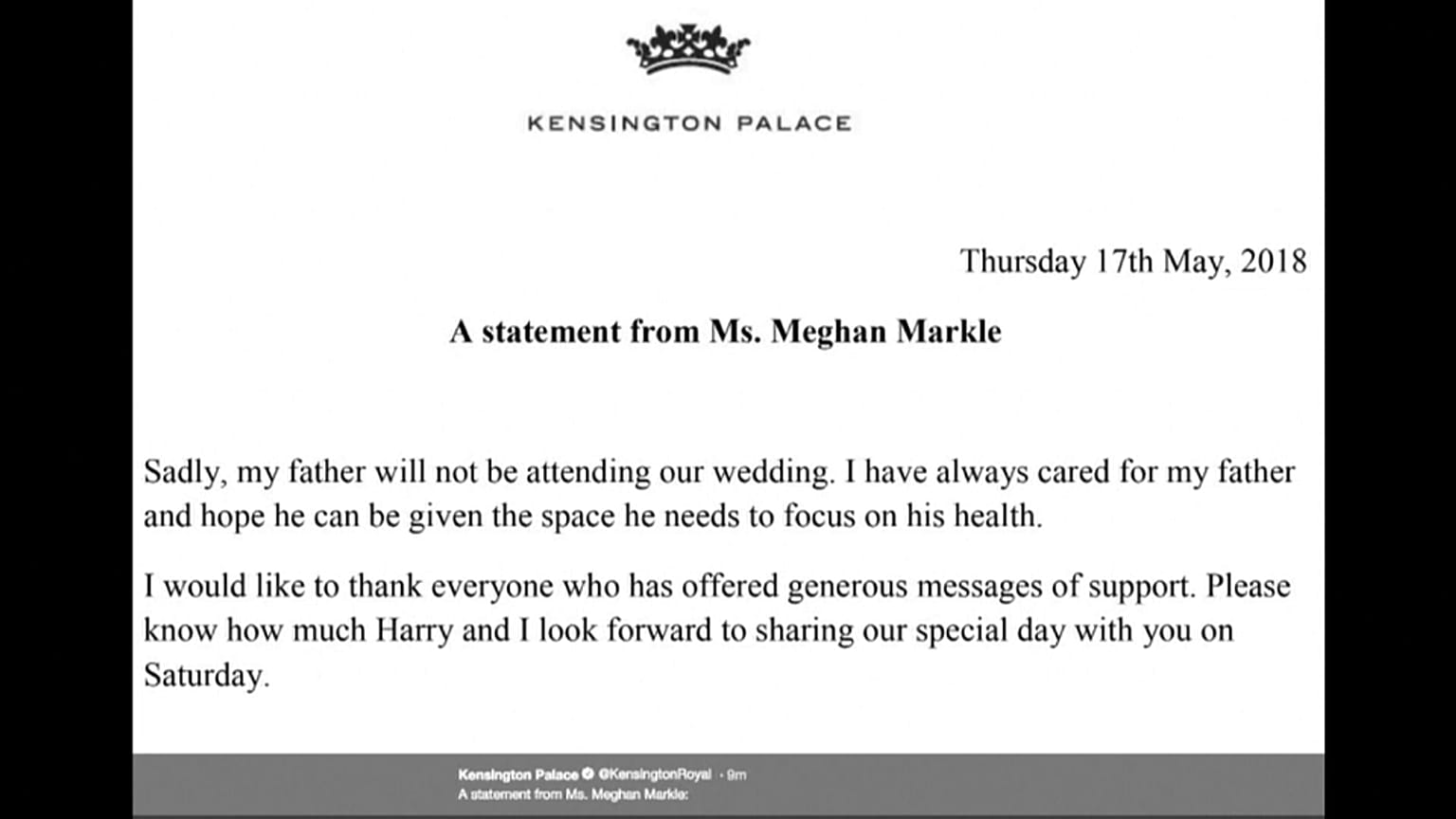 Meghan Markle anuncia que su padre no irá a su boda