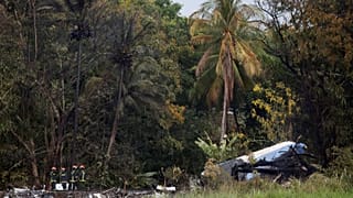 Ein Flugzeugteil liegt vor einem Palmenwald, Feuerwehrleute links