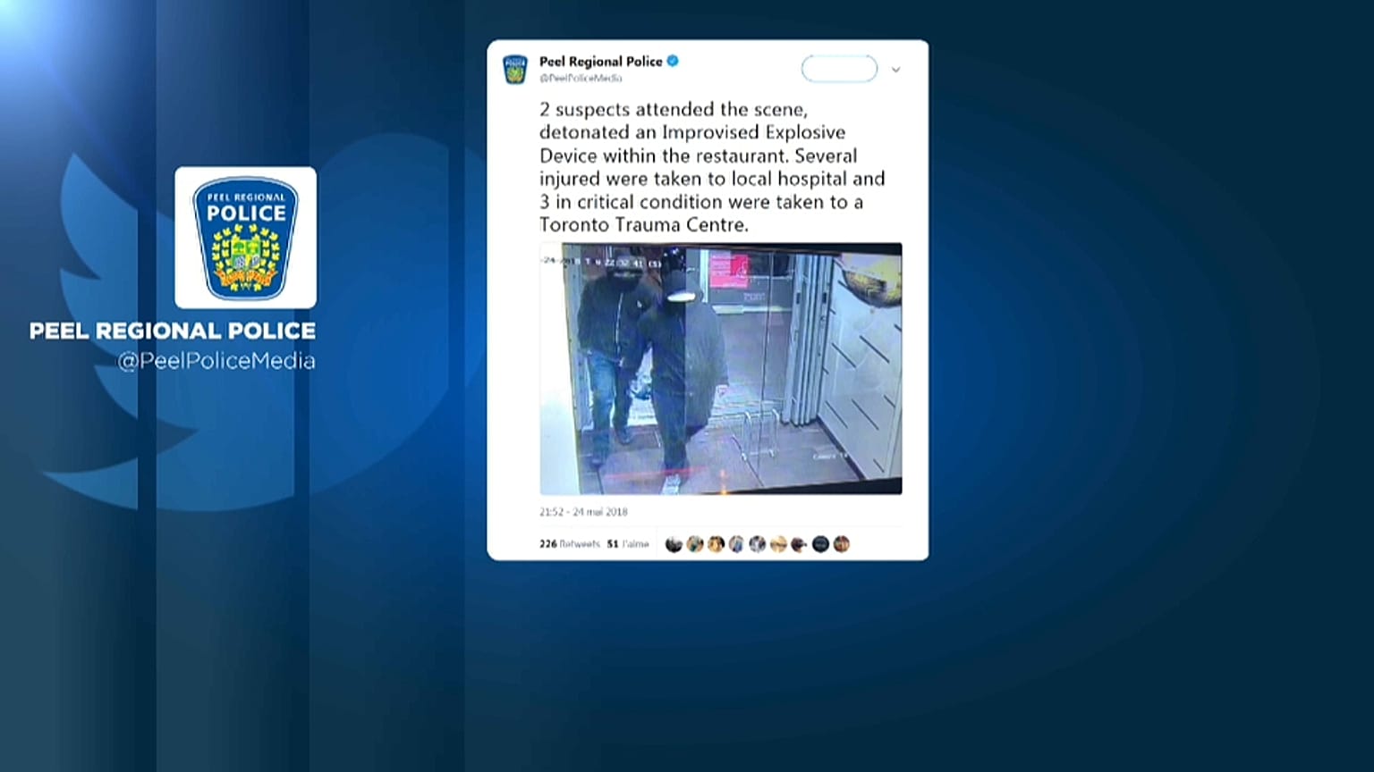 Un artefacto explosivo deja 15 heridos en un restaurante de Canadá