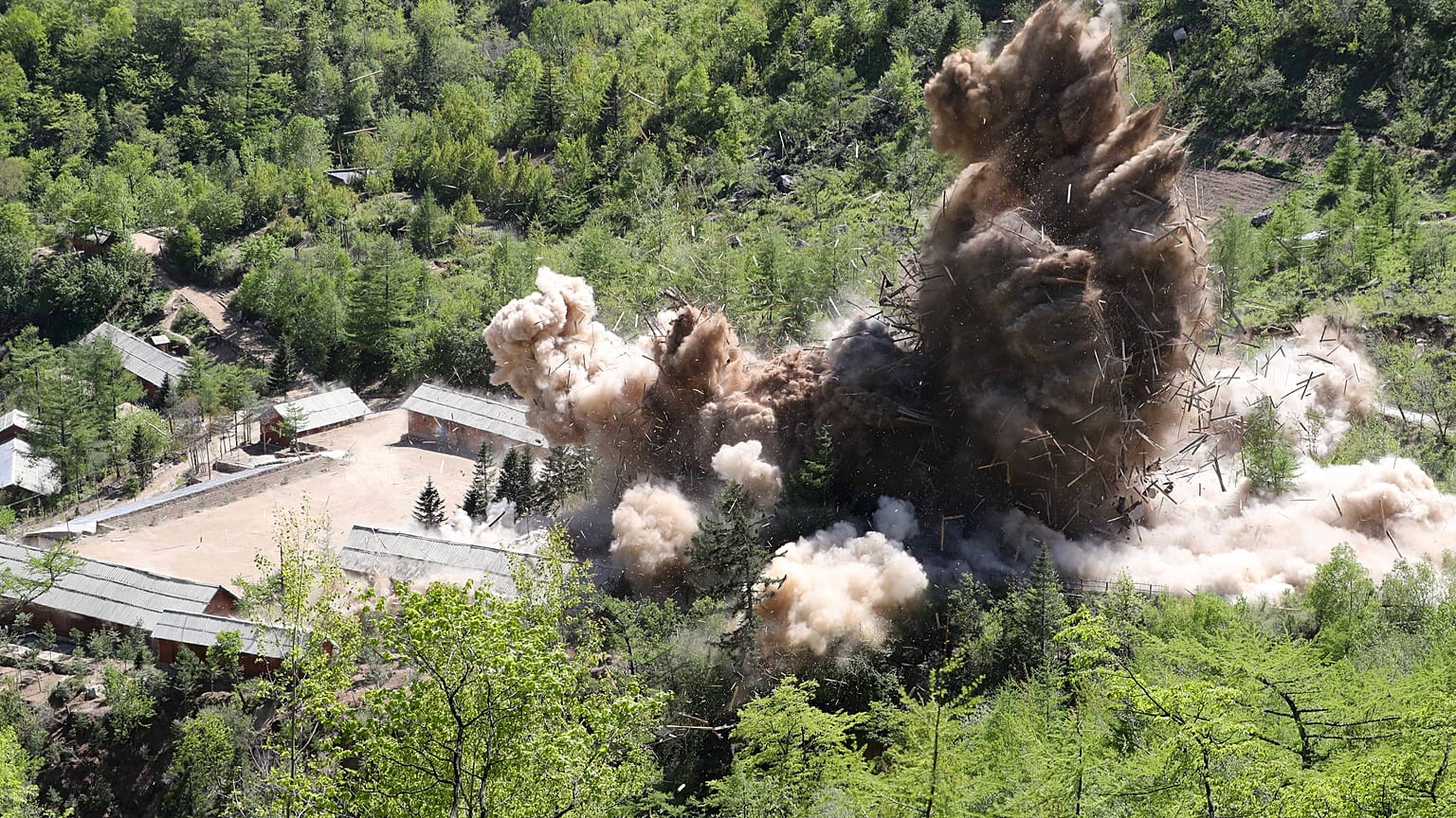 A command post and barracks of Punggye-ri nuclear test ground are blown up