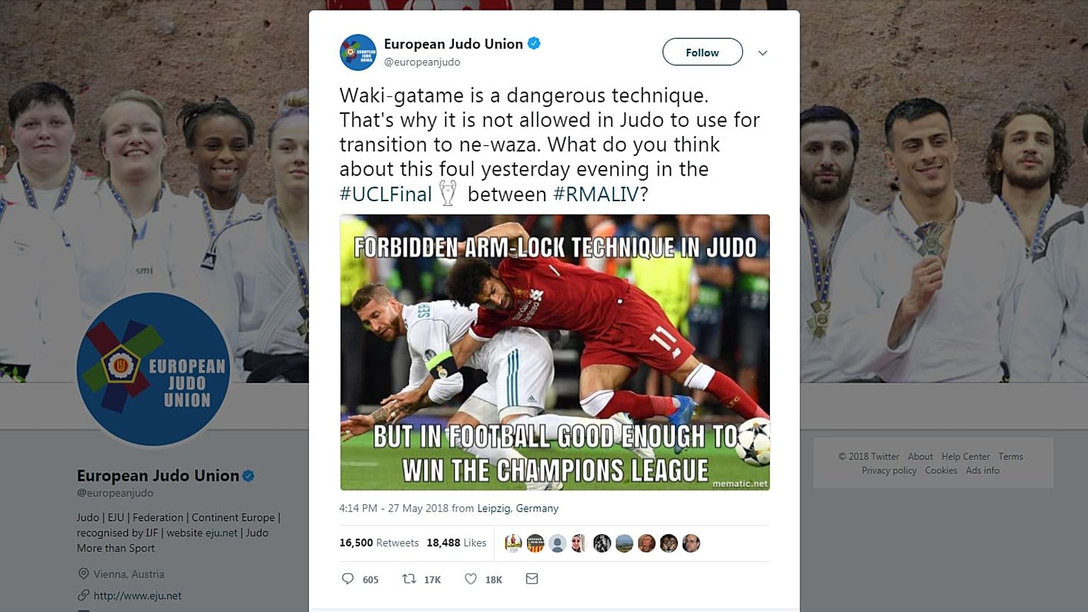 رابطة الاتحاد الأوروبي للجودو: "حركة التثبيت التي استخدمت ضد محمد صلاح ممنوعة حتى في الجودو"