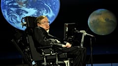 Stephen Hawking giving a lecture for NASA's 50th anniversary