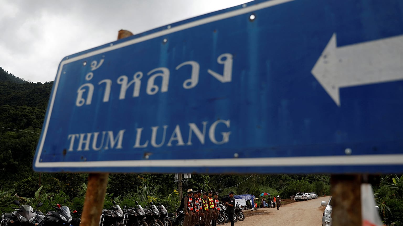 Police stand guard near the Tham Luang cave complex in Thailand