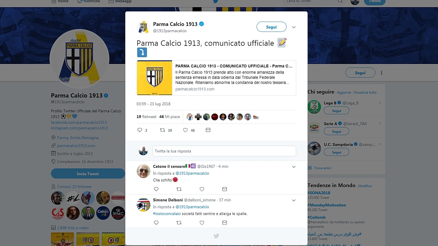 Parma: 5 punti di penalizzazione. Due anni di stop a Calaiò 