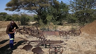 Güney Afrika'da bir çiftçi eski tarım malzemeleriyle