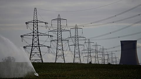 Electricity pylons and a cooling tower from Eggborough power station