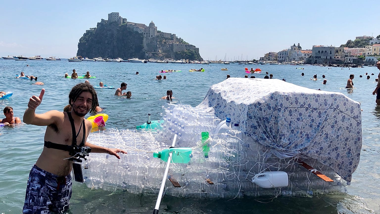 Plastic bottle raft helps highlight marine pollution problem in Italy