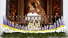 Pope Francis speaks at the Gate of Dawn shrine in Vilnius, Lithuania