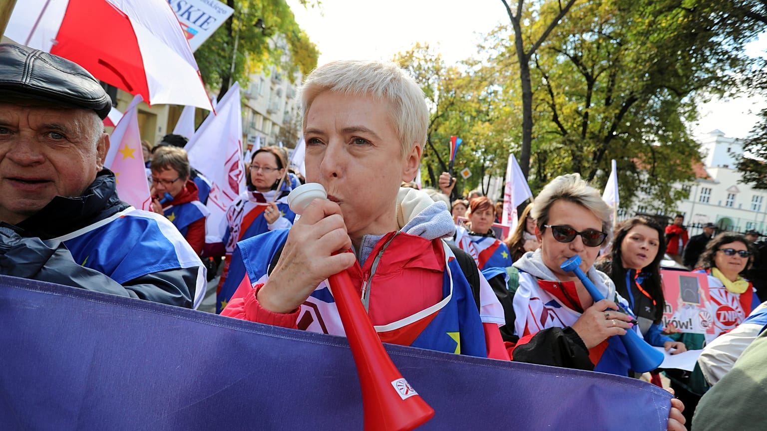 People take part in an anti-government demonstration of public-sector trade