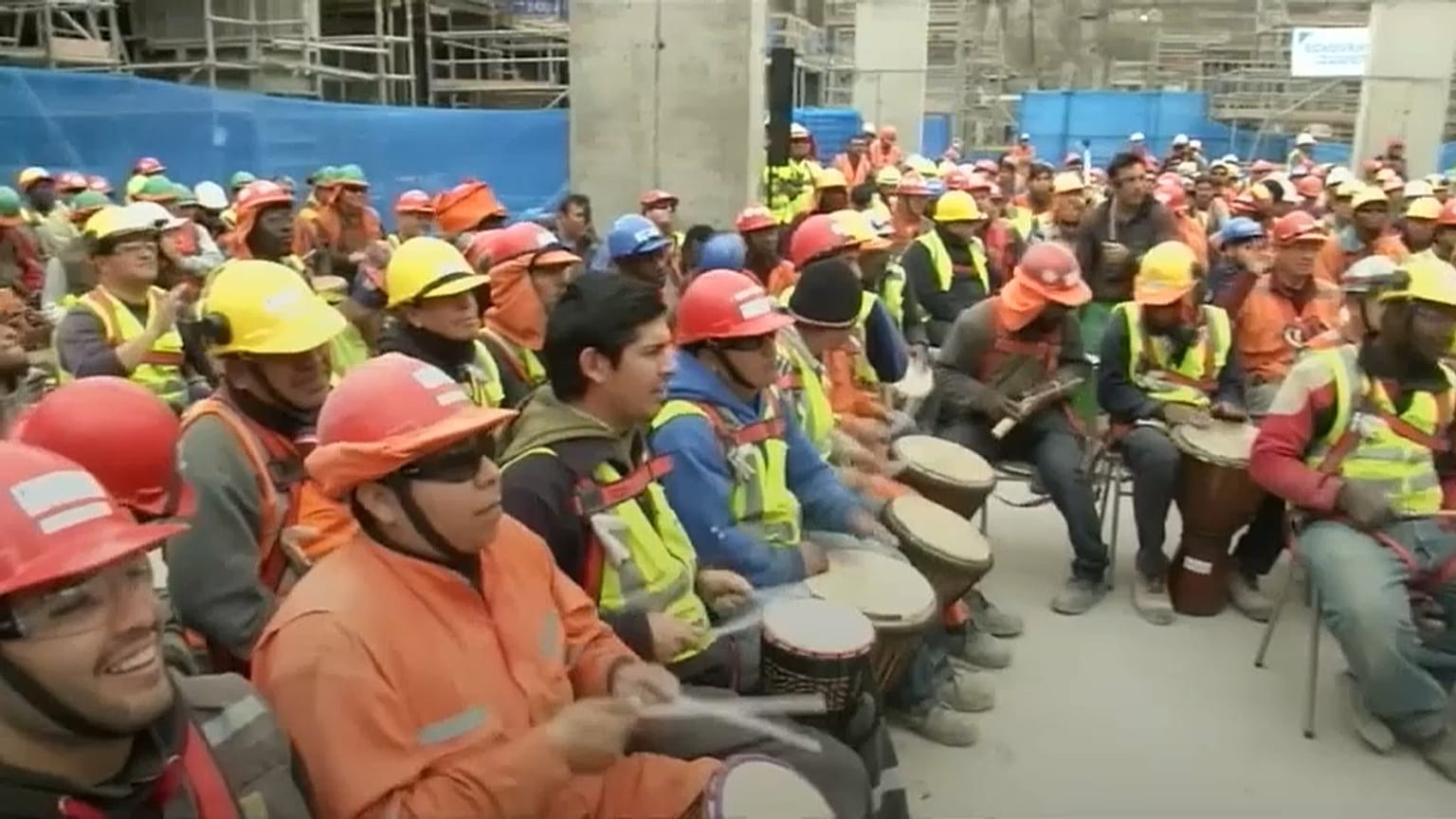 Chilean construction workers relieve stress with percussion
