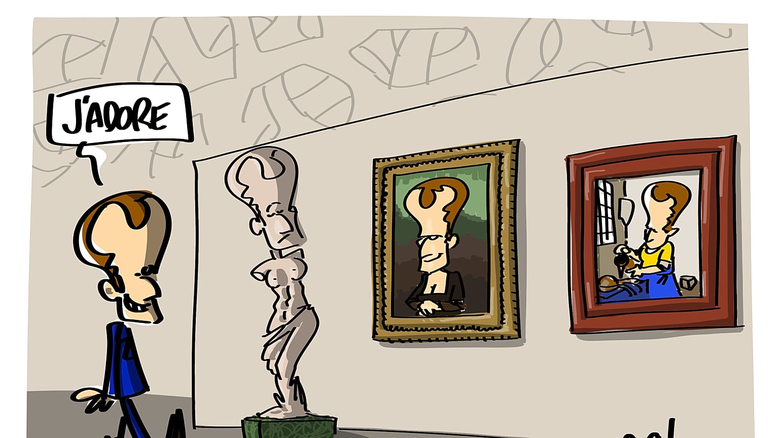 A cartoon of Macron by Na! exhibited at the Maison du Dessin de Presse