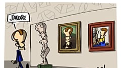 A cartoon of Macron by Na! exhibited at the Maison du Dessin de Presse