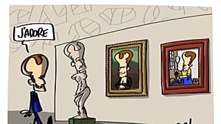 A cartoon of Macron by Na! exhibited at the Maison du Dessin de Presse