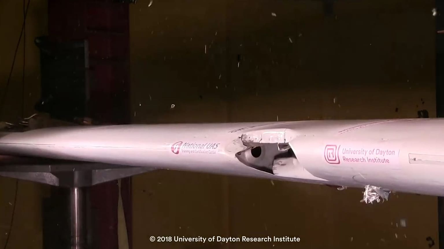 Damage to an aircraft wing model