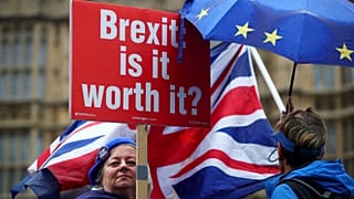 Anti-Brexit protesters hold placards opposite Houses of Parliament.