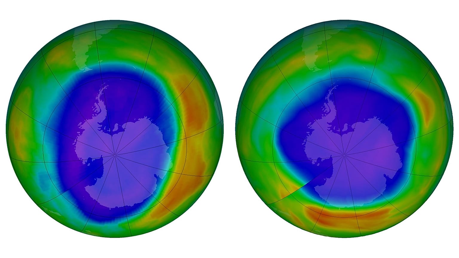 Areas of low ozone above Antartica in Sept 2010 (L) and Sept 2018 (R)
