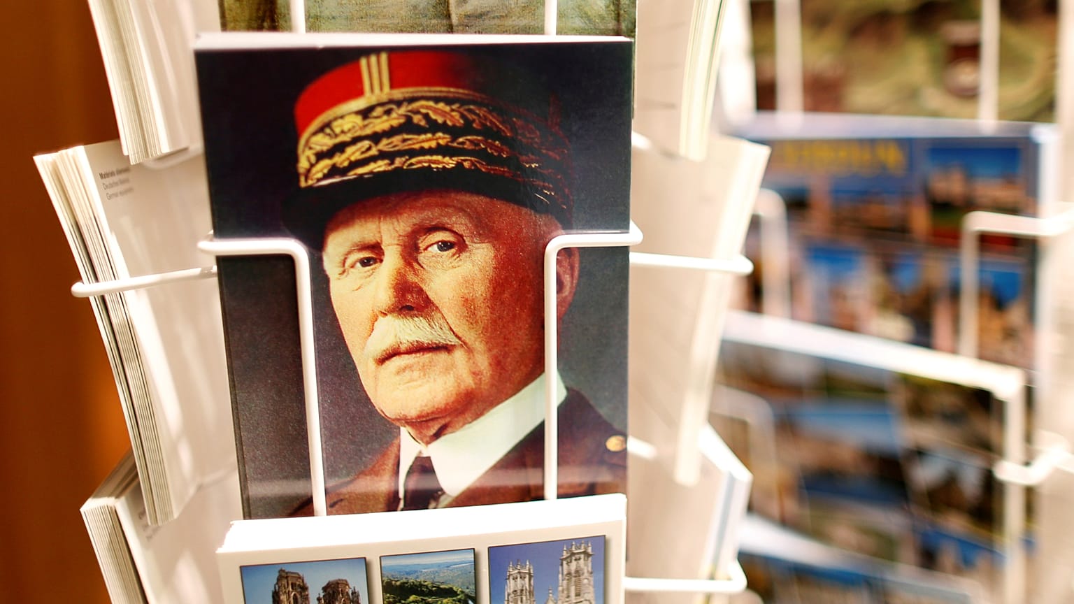 A postcard featuring Petain for sale in a souvenir shop near Verdun