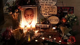 Flowers and mementos are pictured on the star of Stan Lee