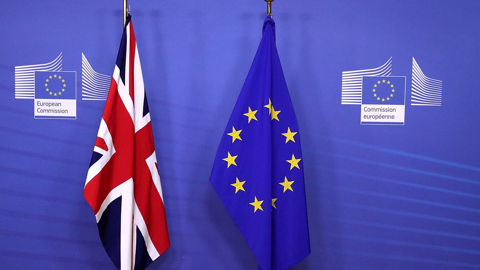 British and EU flags at the EC headquarters in Brussels
