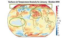 Anomalía de temperaturas de enero a octubre de 2018 (en rojo, más cálido)