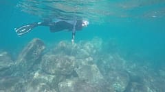 Divers glide over ruins at underwater archaeological site