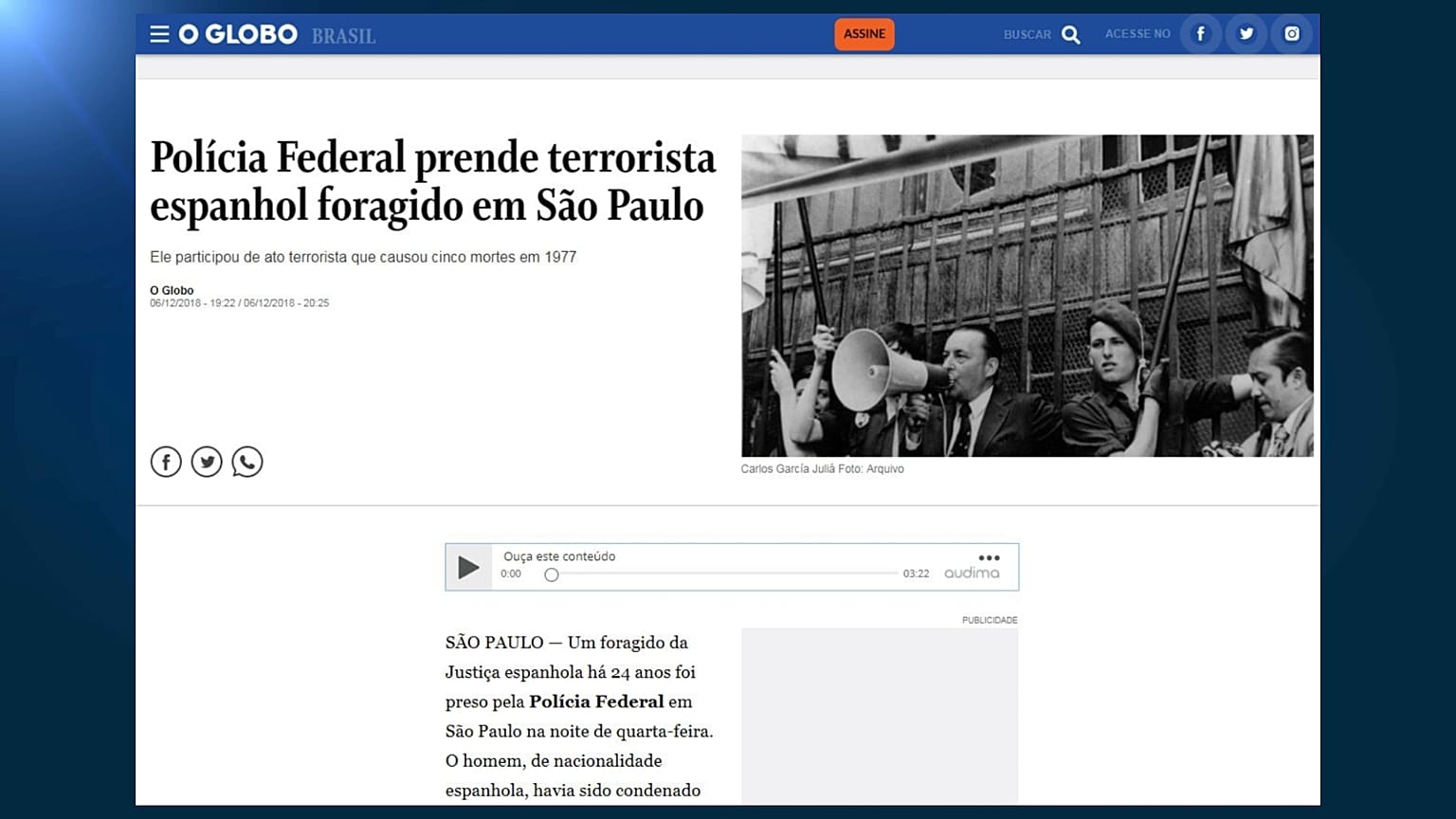 Portada digital del diario brasileño O Globo informando de la detención