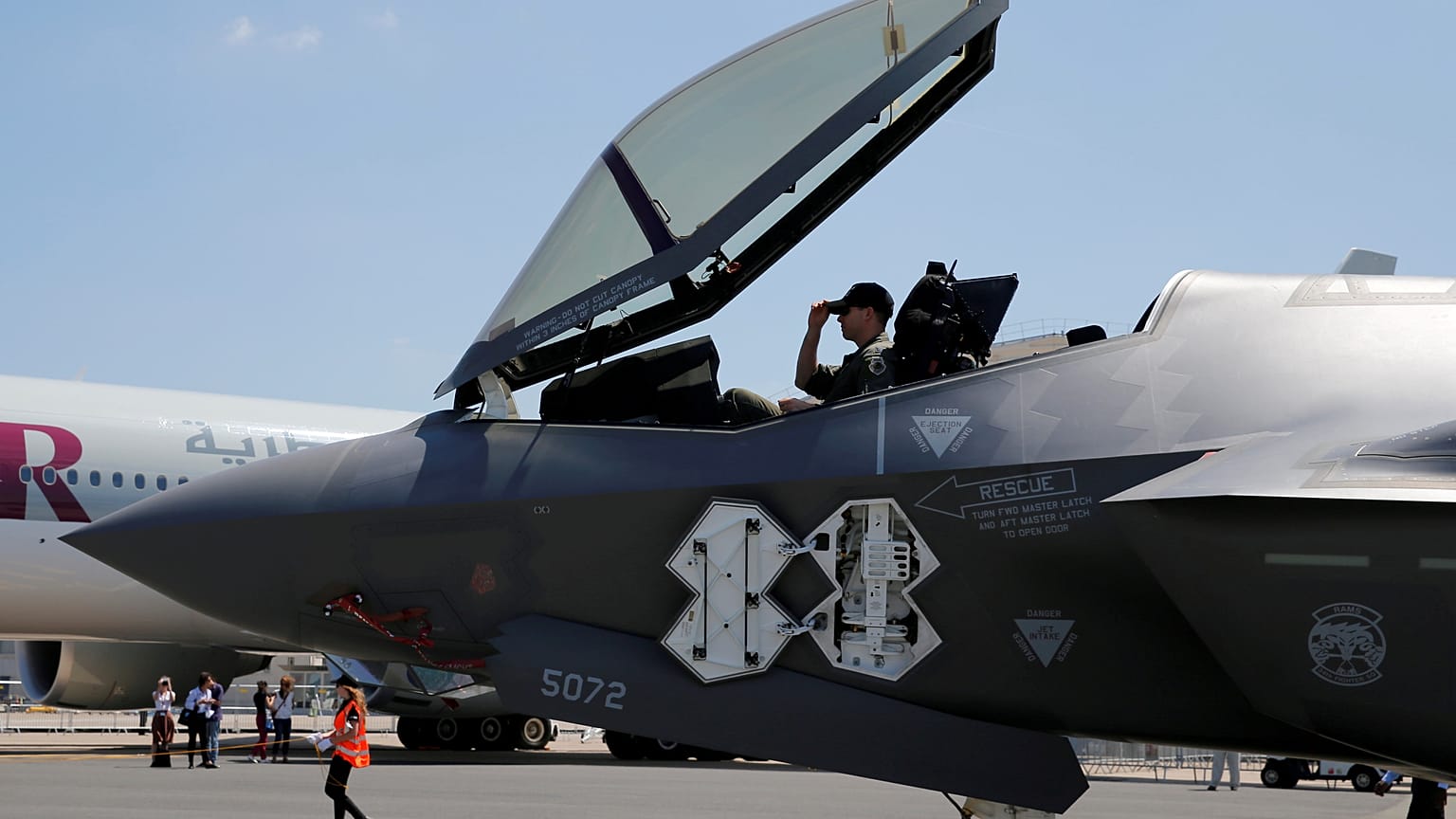 A US airman in the cockpit of a Lockheed Martin F-35 Lightning II aircraft