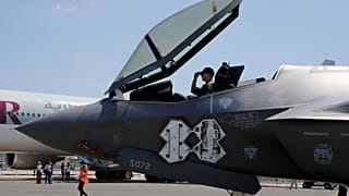 A US airman in the cockpit of a Lockheed Martin F-35 Lightning II aircraft