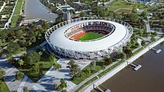 „A Csepel-szigetre tervezett Nemzeti Atlétikai Központ látványterve”