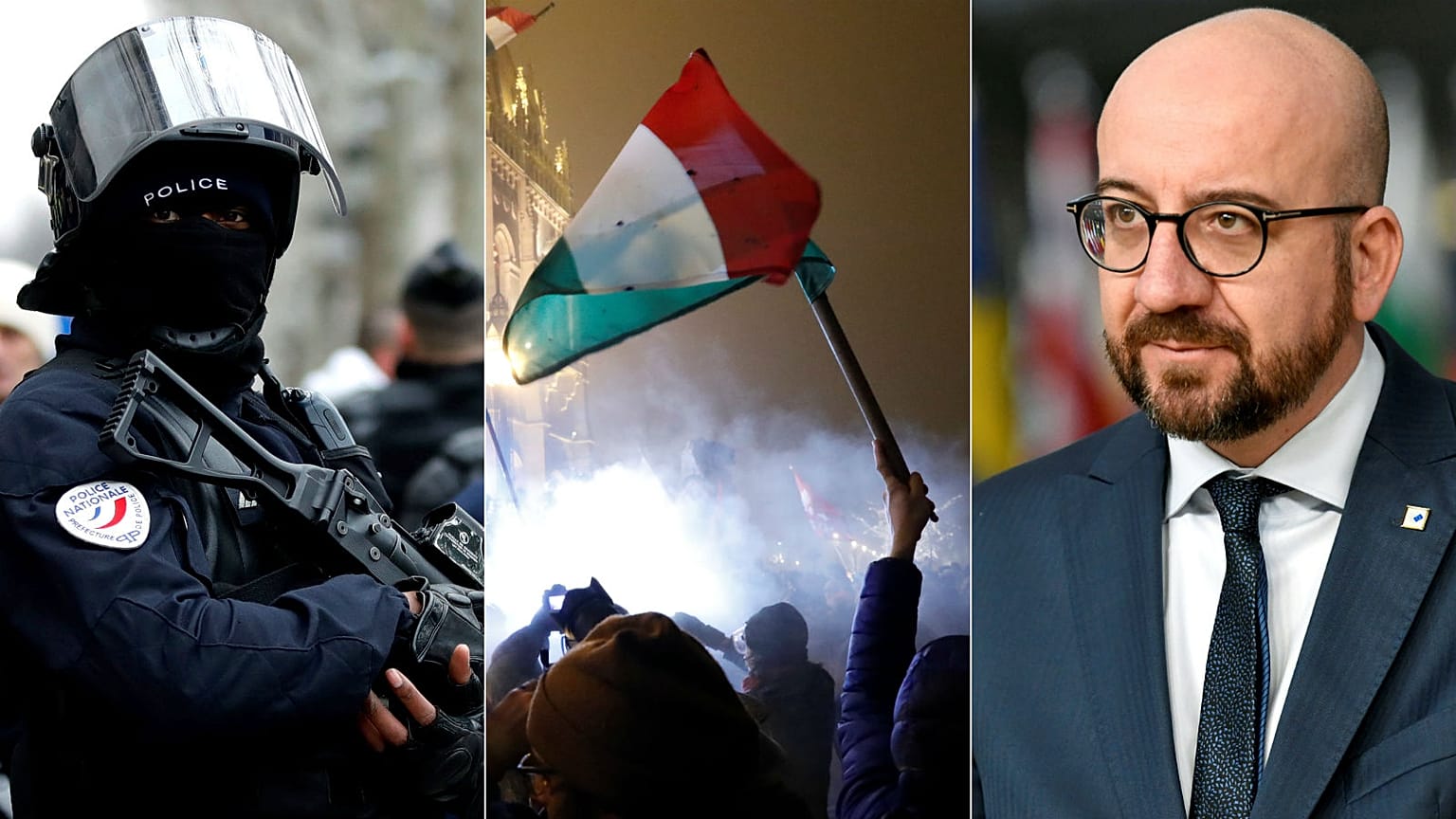A French police officer, Hungarian protesters, Belgian PM Charles Michel