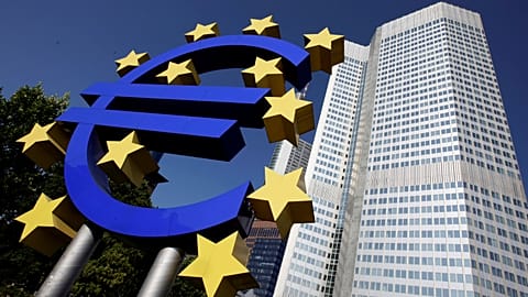 Euro sculpture in front of the ECB headquarters in Frankfurt, Germany