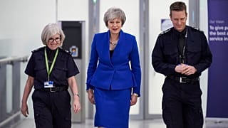 Theresa May visits the UK Border Force Command Centre at Heathrow Airport.