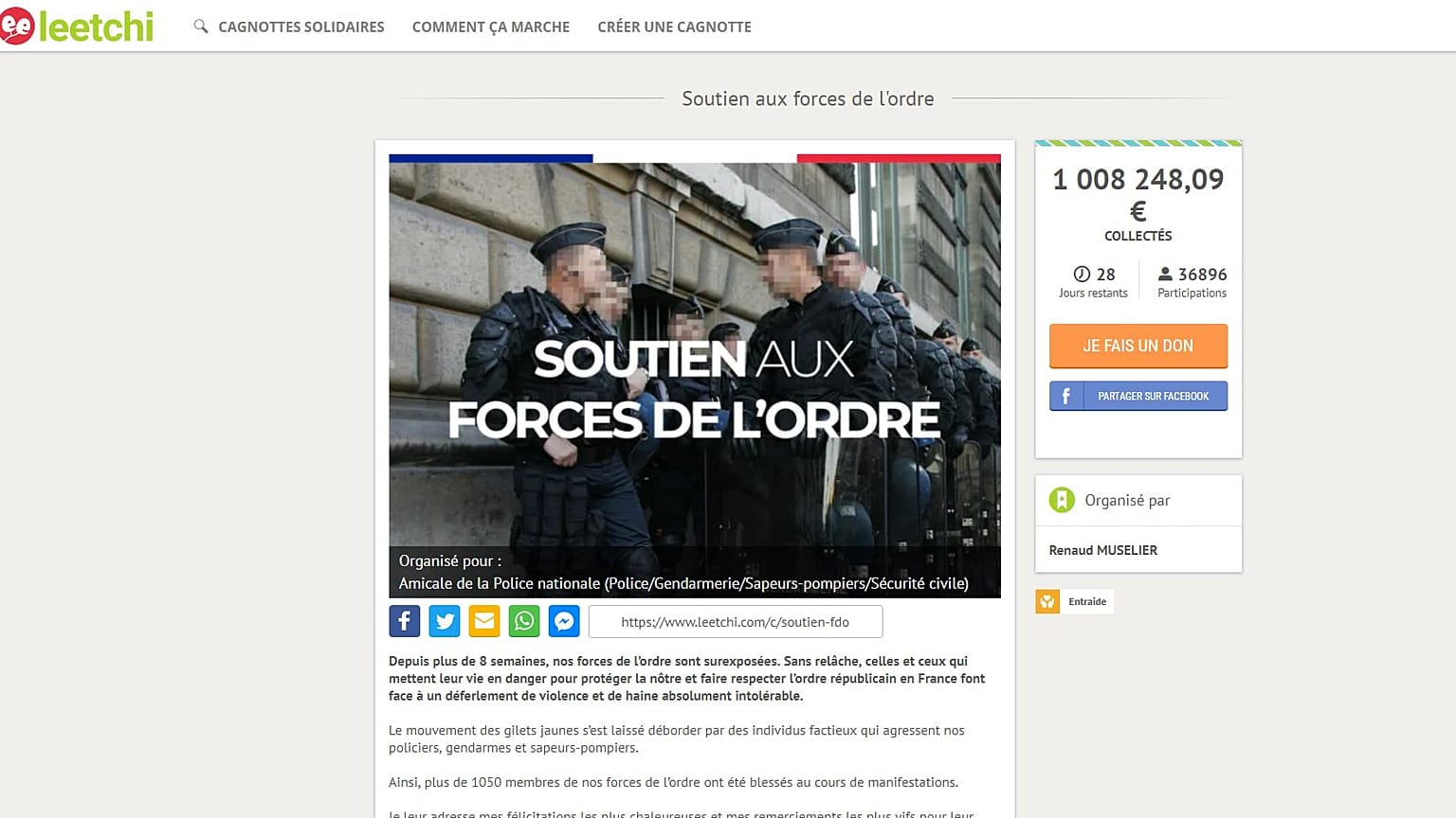 Recaudan más de un millón de euros en apoyo a la policía, los chalecos amarillos responden 