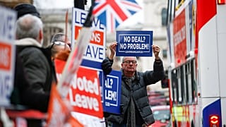 Pro-Brexit activists protest outside the UK Houses of Parliament.