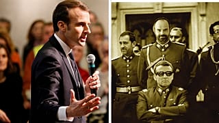 A la izquierda, Macron durante un debate, a la derecha el fotomontaje.
