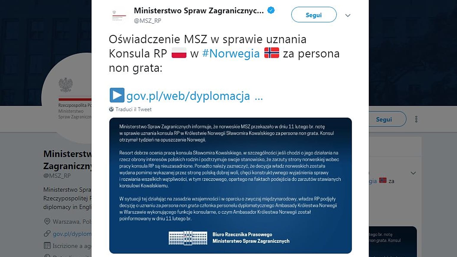 Tensione ed espulsione di diplomatici tra Norvegia e Polonia
