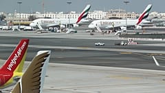 Emirates Airlines Airbus A380 planes are seen at Dubai Airports in Dubai