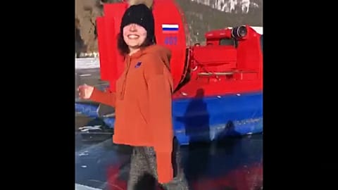 Gold medalist ice skater practices on frozen lake in Russia