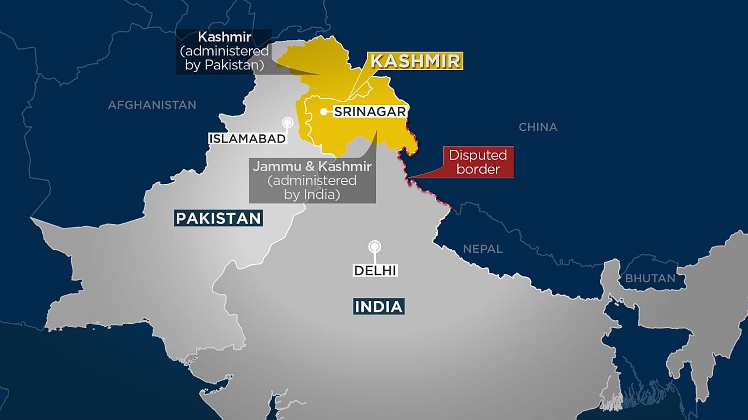 The current border between Pakistan and India running through Kashmir