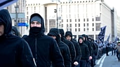 Andriy Biletsky, leader of the National Corps (centre), with the activists 