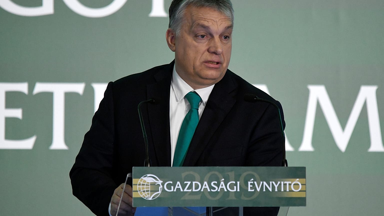 Hungarian Prime Minister Viktor Orban speaking at a business conference